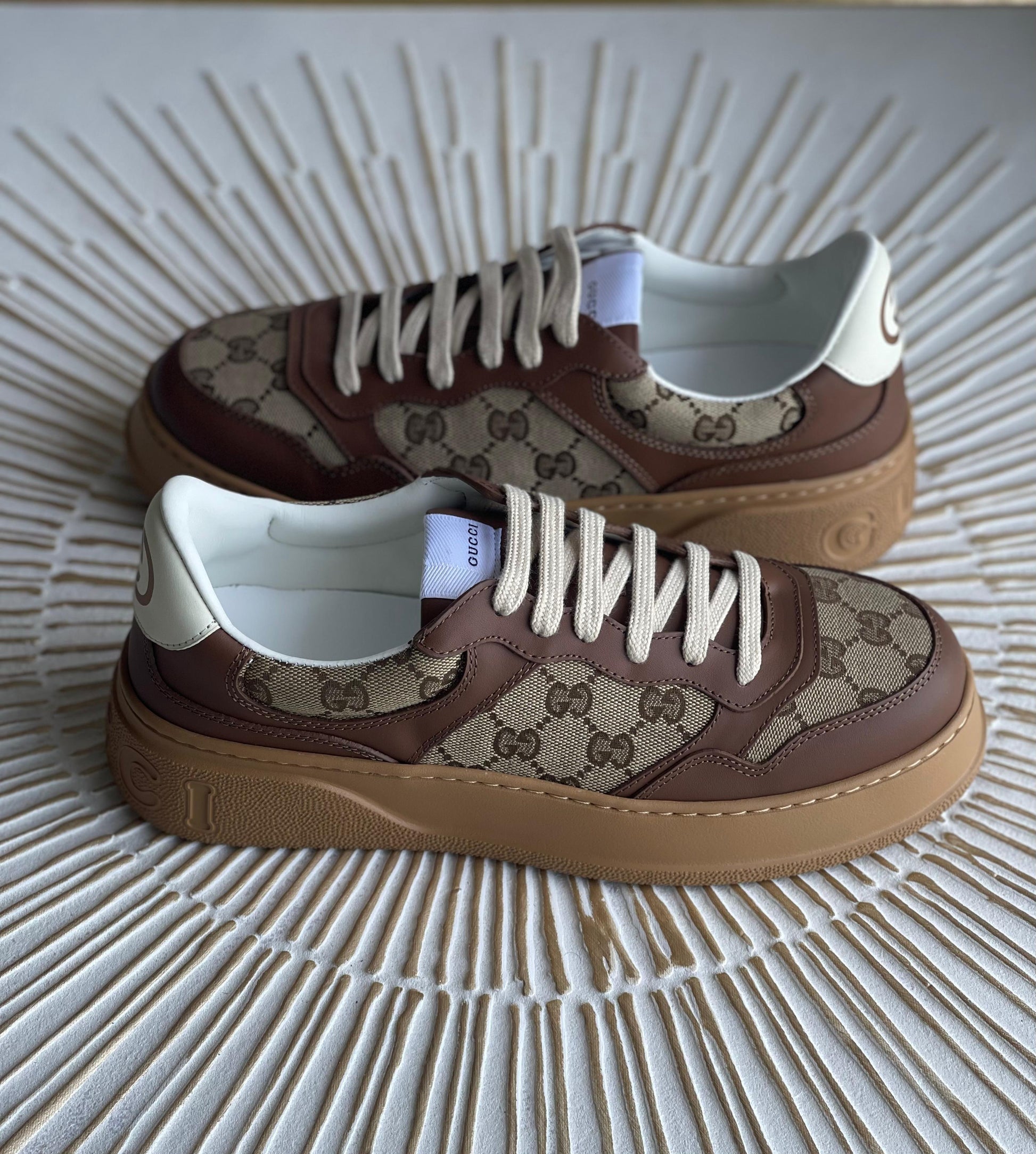 Gucci Women’s GG Canvas Leather-Trimmed Sneakers – Brown (Mytheresa)