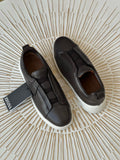 Zegna Triple Stitch Low-Top Sneakers – Black Calf Leather & White Rubber Sole