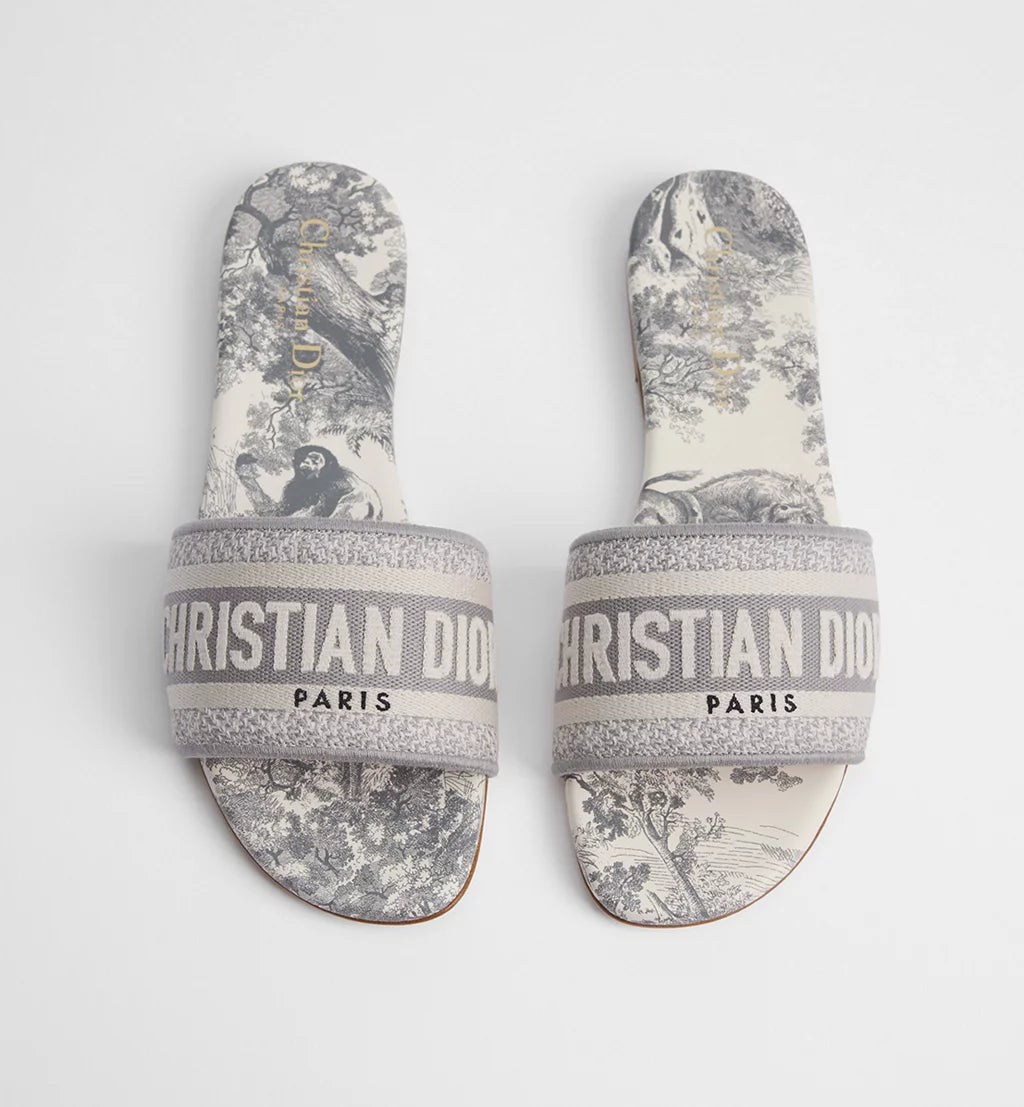 Dway Slide Gray Embroidered Cotton and Toile de Jouy Motif|Women
