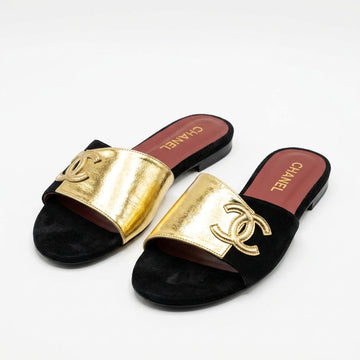 Chanel Women Metallic CC Wide Strap Slides | Black and Gold