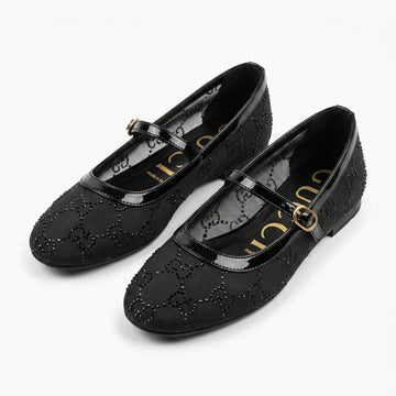 Gucci Women Crystal Mary Jane Flats | Black Crystal Mesh