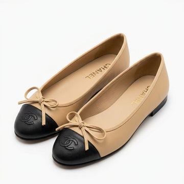 Chanel Women Cap Toe Bow Ballerinas | Beige and Black