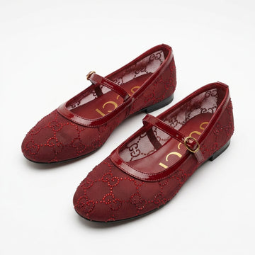 Gucci Women Crystal Mary Jane Flats | Burgundy Crystal Mesh