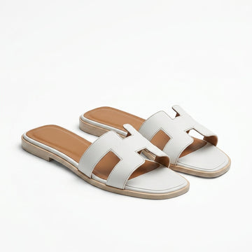 Hermès Women Oran Flat Slides | White with Brown Footbed