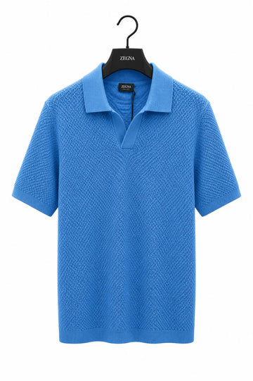 Premium Textured Knit Polo Shirt – Azure Blue