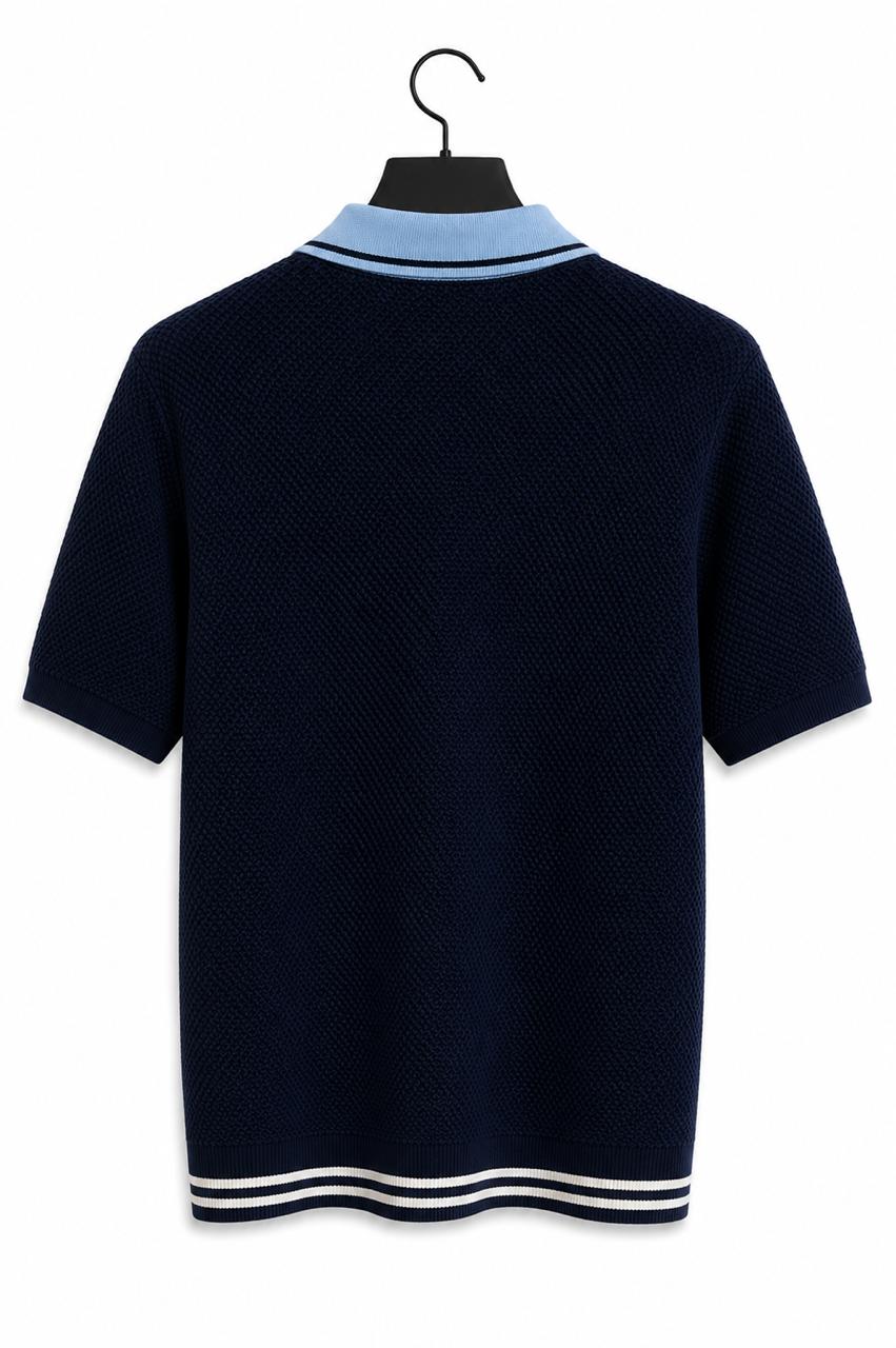 Premium Two-Tone Textured Polo Shirt – Navy & Sky Blue