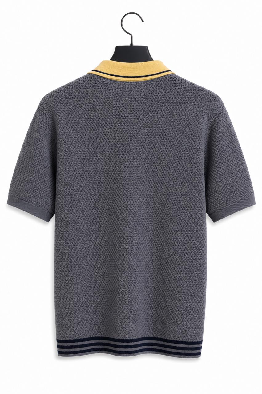 Premium Two-Tone Textured Polo Shirt – Charcoal Gray & Mustard Yellow