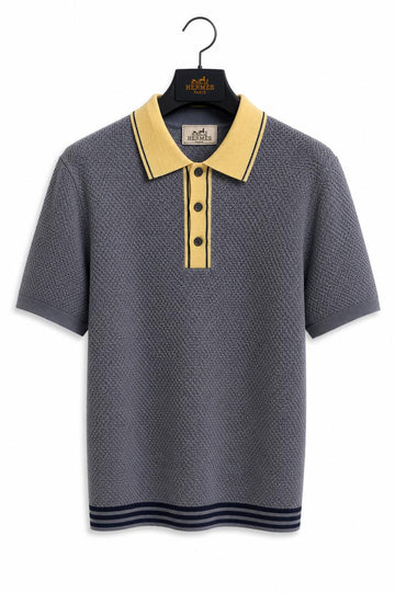 Premium Two-Tone Textured Polo Shirt – Charcoal Gray & Mustard Yellow