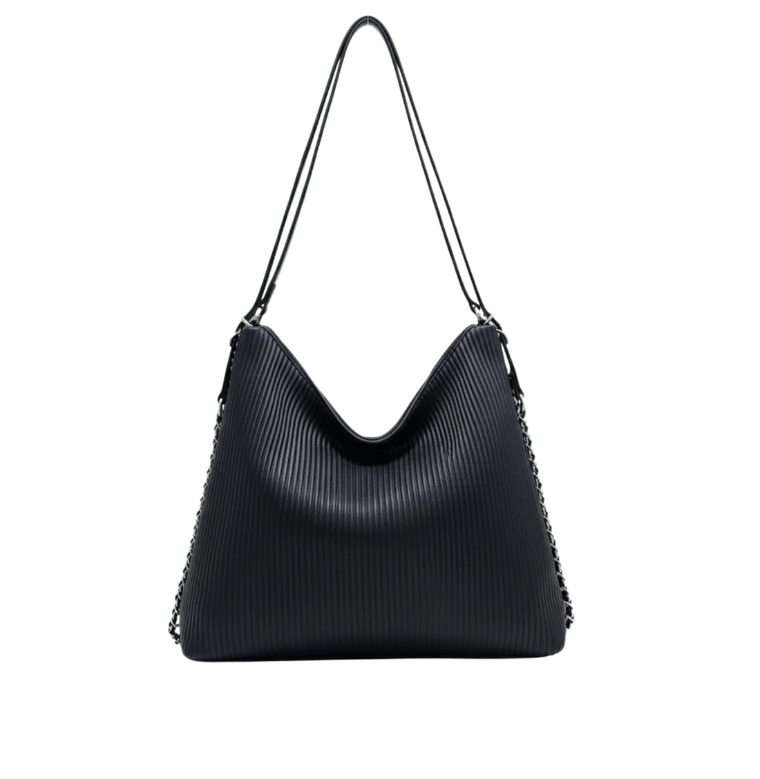 Chanel Bag | Hobo Shoulder Bag With A Ribbed Texture And Silver Chain Straps.